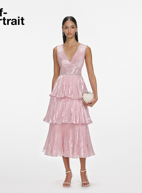 self-portrait 2025秋冬新款粉红色气质甜美桑蚕丝混纺连衣裙