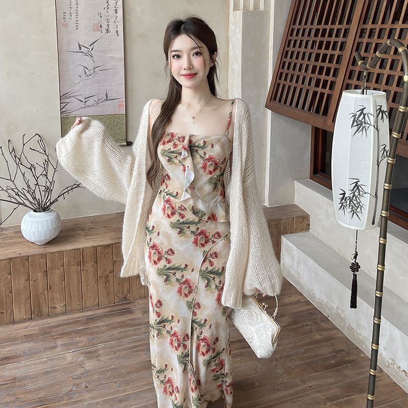 25年春款如意落花碎花吊带抹胸连衣裙女新款收腰显瘦纯欲风吊带裙
