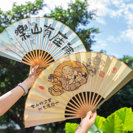 乐山大佛留青团扇折扇国潮古风萌趣旅游纪念品文创摆件扇子