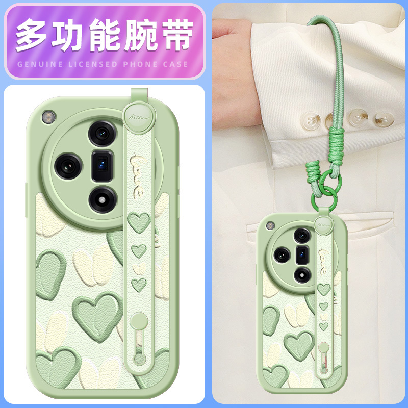 绿色爱心适用oppofindx8手机壳findx6pro小羊皮find x5新款findx3腕带斜挎挂绳可背findx7ultra女款oppo网红