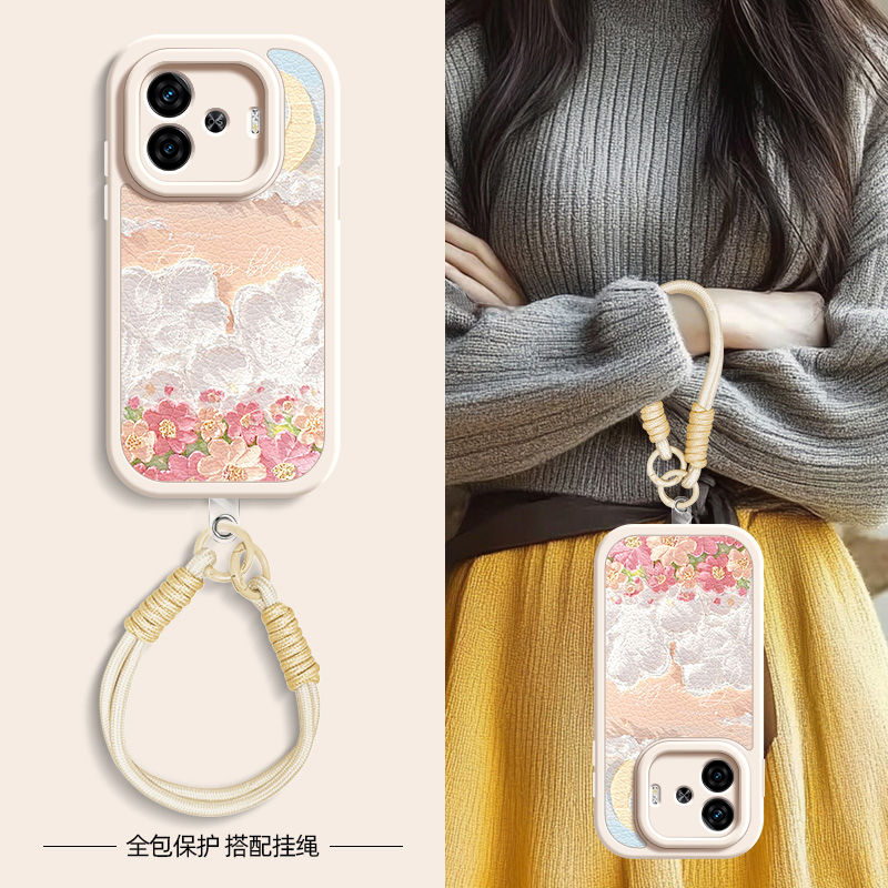 油画花海适用iqooz9turbo+手机壳vivoiqooz9小羊皮iqoo z8/z8x/z7/z7i/z6/z5/z5x新款iqoou3/u1春夏挂绳