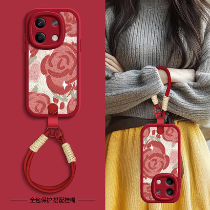 油画红花适用红米note14手机壳note13pro+/12小米redminote11Tpro新款turbo3/10/9/8/7秋冬新年挂绳女款