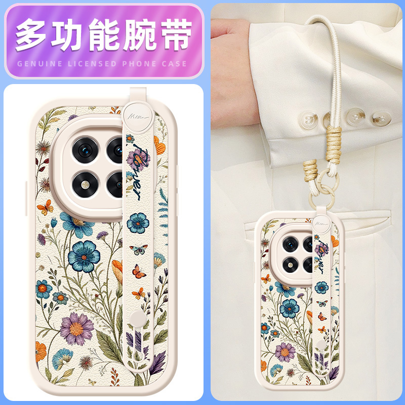 彩蝶花卉适用红米note15手机壳note14pro+小羊皮13/12小米redmi11Tpro新款turbo3/10/9/8/7腕带斜挎挂绳女款