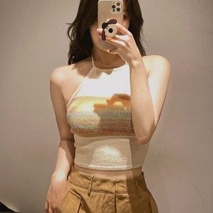 YT&UR吊带上衣2023春夏新款气质条纹短款露背挂脖针织背心女UW937