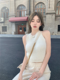 套头马甲上衣 复古百搭短款 仿水貂毛无袖 针织背心女2025年秋冬韩版