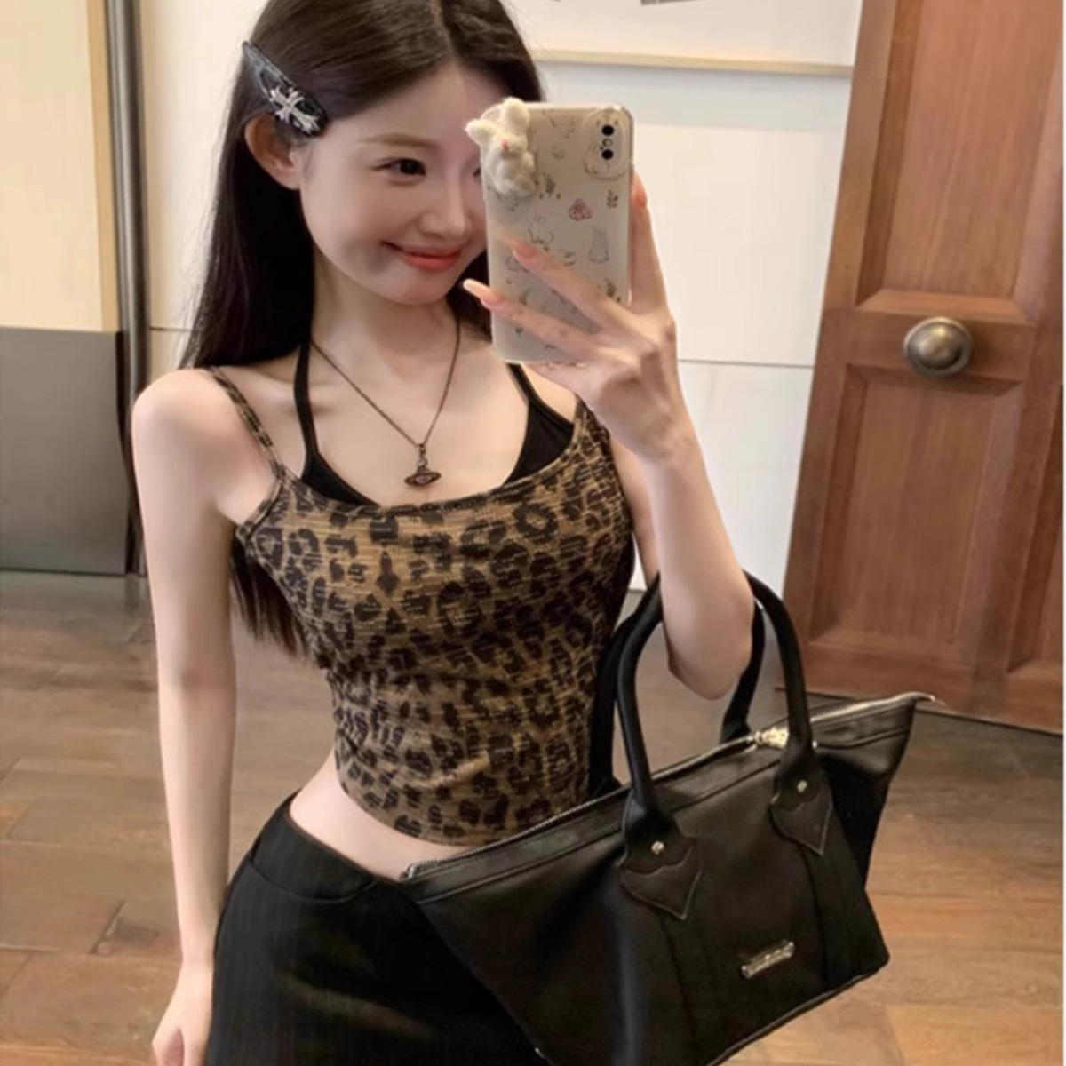 美式辣妹豹纹露背假两件吊带背心