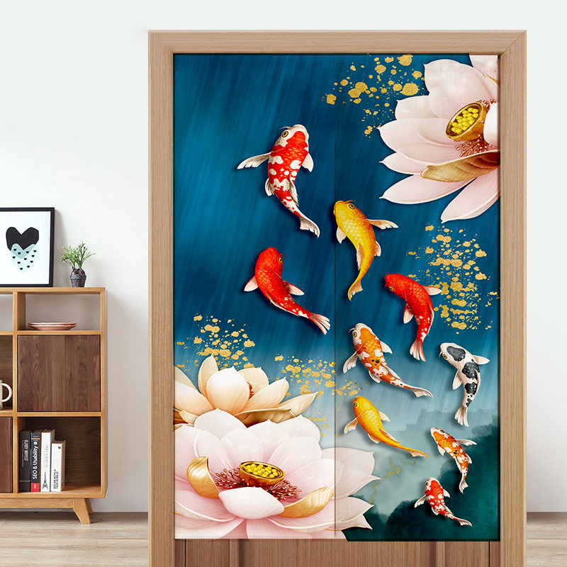 中式门帘隔断帘九鱼图布艺挂帘厨房客厅卧室半帘厕所装饰玄关半帘