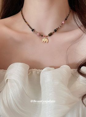 虎眼石大象吊坠串珠项链美拉德女