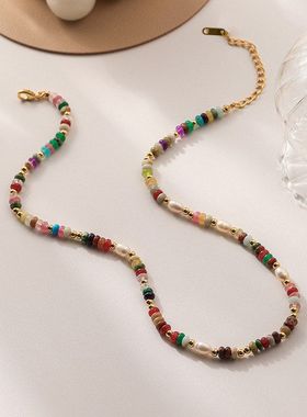 波西米亚复古天然石珍珠锁骨链