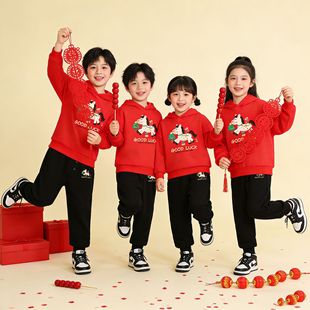喜庆拜年衣服 保暖年装 宝宝红色卫衣儿童冬加绒套装 男童女童冬季