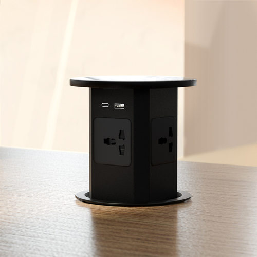 跨境液压升降桌面多功能插座15A无线充USB A+C 18W快充铝合金250V