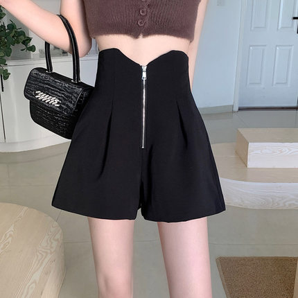 2022夏季宽松显瘦阔腿裤收腹显瘦休闲裤子黑色拉链高腰花苞短裤女
