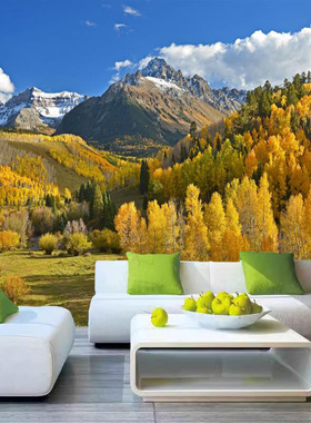 大自然风景壁画雪山草原客厅沙发背景墙壁纸云雾森林餐厅酒店墙布