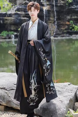 出租魏晋风汉服男古装黑色系刺绣武侠霸气侠客中国风飘秋季逸租赁