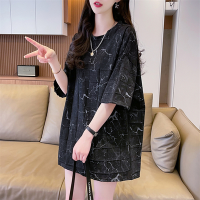 实拍 8505 （80棉20涤纶扎染烧花T恤 ）2024百搭宽松上衣T恤女潮