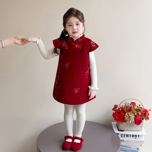中国风汉服喜庆女宝宝新年装 儿童旗袍裙套装 新中式 女童拜年服冬季