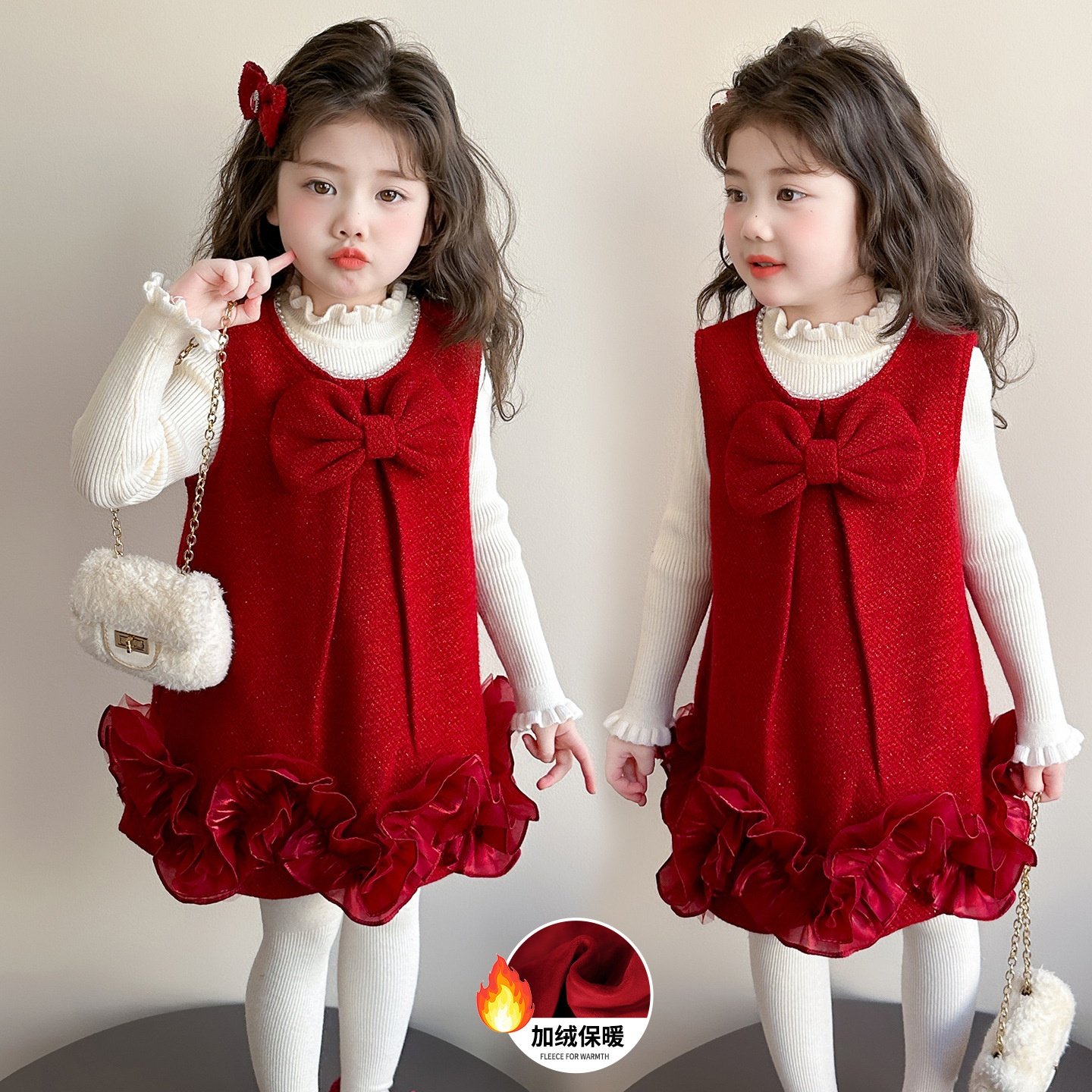 女童毛衣背心裙套装冬2026新款儿童加厚连衣裙可爱宝宝公主拜年服
