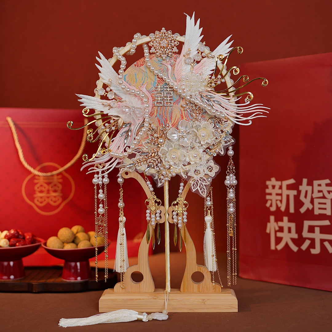 重工古风新娘喜扇diy材料包成品中式烟火刺绣凤凰双色双面结婚扇