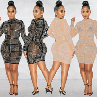 Women's long sleeved nightclub dress女装长袖夜店烫钻连衣裙
