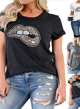 Women's Ripped Top Leopard Print Lips Round Neck Short-sleev