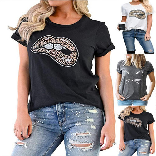 Women's Ripped Top Leopard Print Lips Round Neck Short-sleev
