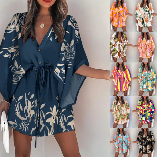 V-neck lace up vacation dress for womenV领系带度假连衣裙女