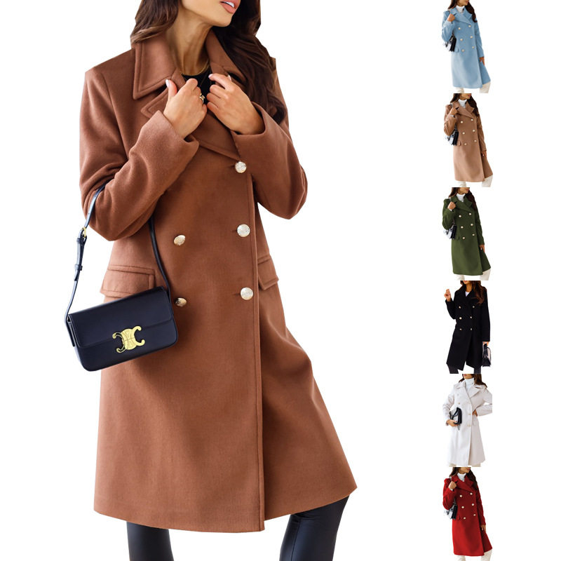 Women's long sleeved double breasted woolen coat windbreaker