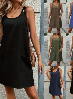 Women's round neck vest button up dress女圆领背心纽扣连衣裙