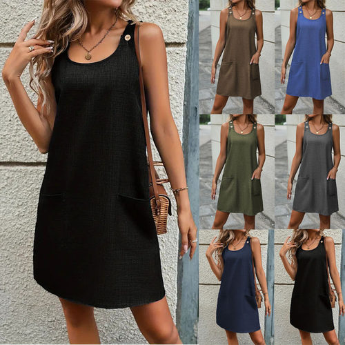 Women's round neck vest button up dress女圆领背心纽扣连衣裙