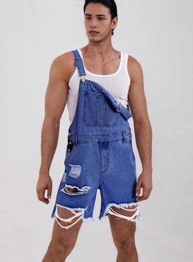 Casual ripped men denim overalls shorts破洞牛仔男士背带短裤