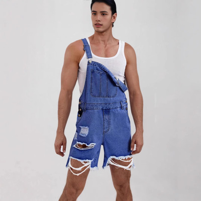 Casual ripped men denim overalls shorts破洞牛仔男士背带短裤