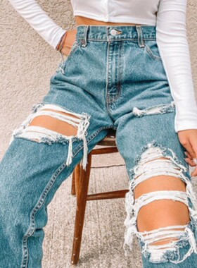 Retro ripped jeans for women欧美复古破洞牛仔裤女