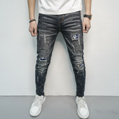 fit ripped denim Men fabric slim 男修身 jeans牛仔裤 破洞长裤