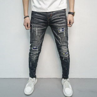 Men's slim fit ripped fabric denim jeans牛仔裤男修身破洞长裤