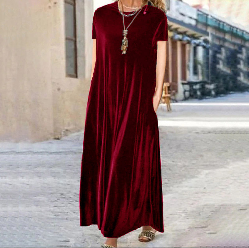 Women gold velvet long short sleeved dress女金丝绒短袖连衣裙