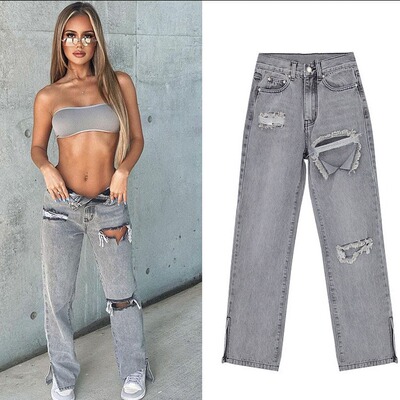 Women's floor mopping ripped open jeans女拖地破洞开叉牛仔裤