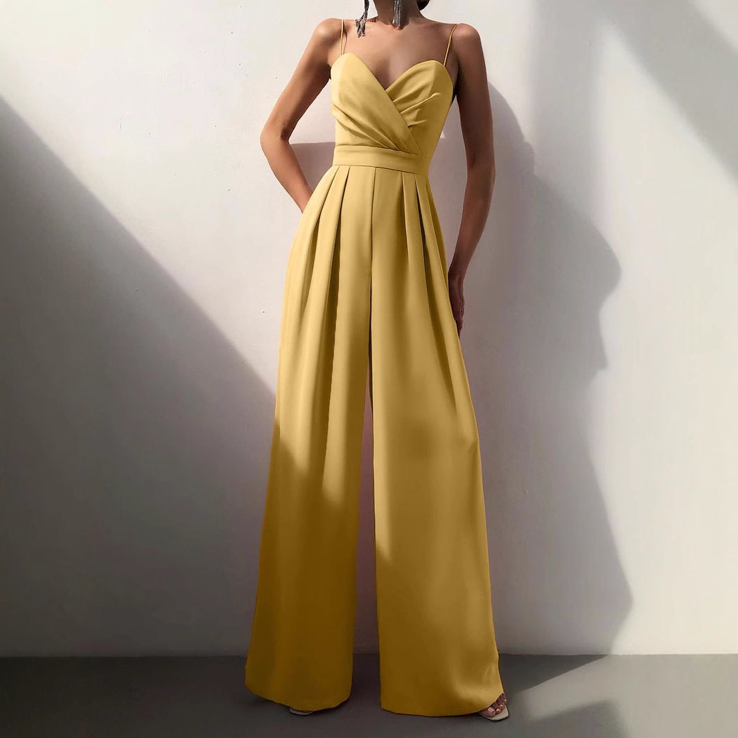 Women's suspender wide leg jumpsuit吊带收腰直筒连体裤