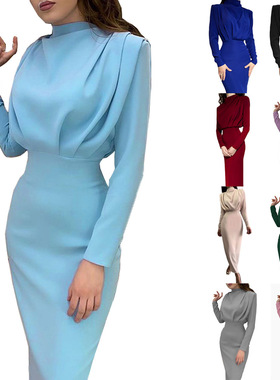 Women's waist cinched solid color long dress连衣裙女收腰长裙