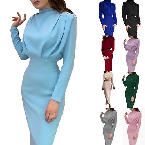Women's waist cinched solid color long dress连衣裙女收腰长裙