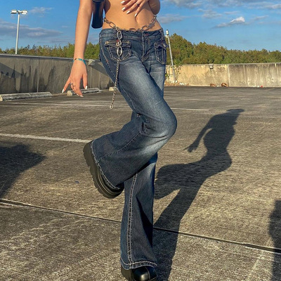 High waisted multi pocket women's flared jeans喇叭牛仔裤女