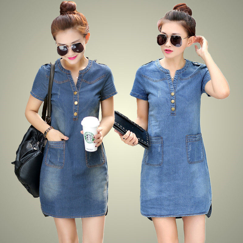 Women's mid length short sleeved denim dress短袖牛仔连衣裙