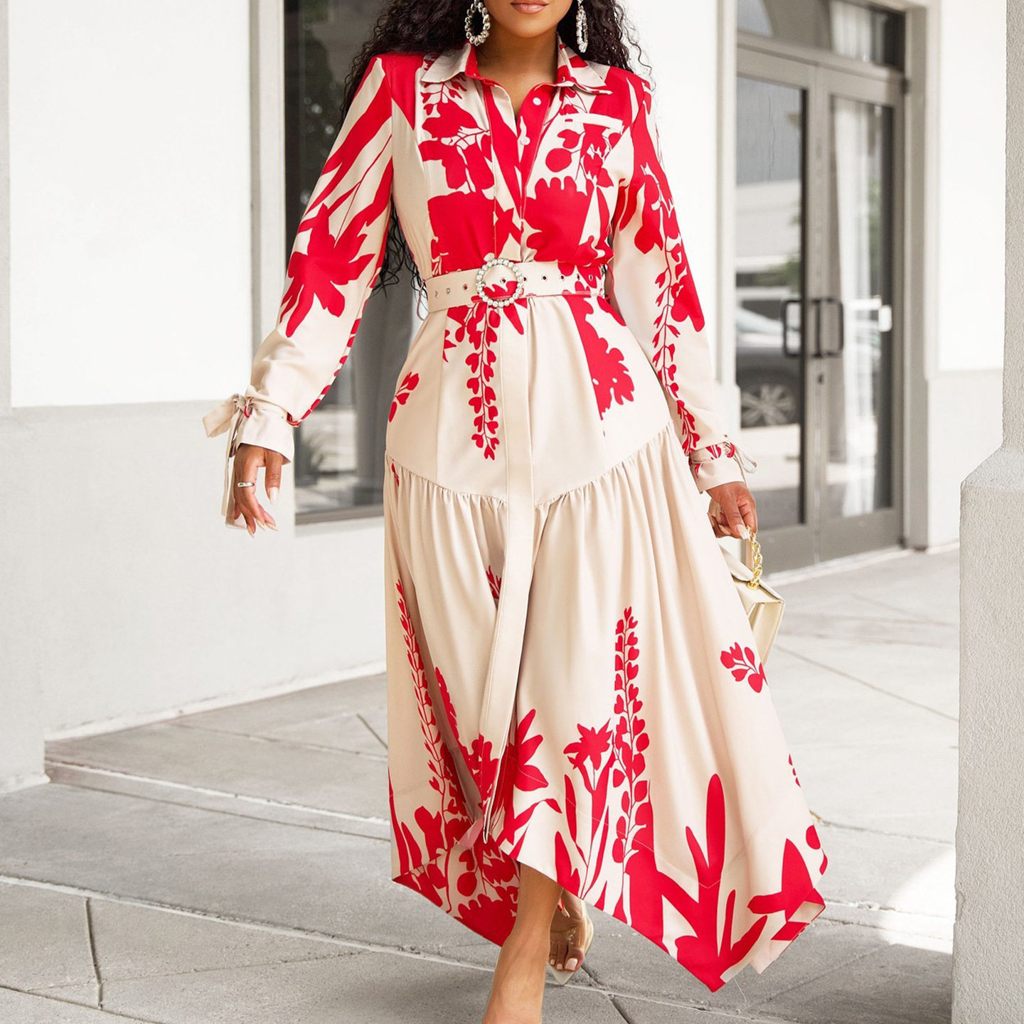 Ladies printed dress欧美印花翻领不规则宽松大码非洲连衣裙2024