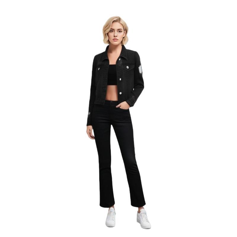Women's perforated long sleeved denim jacket女士牛仔外套破洞