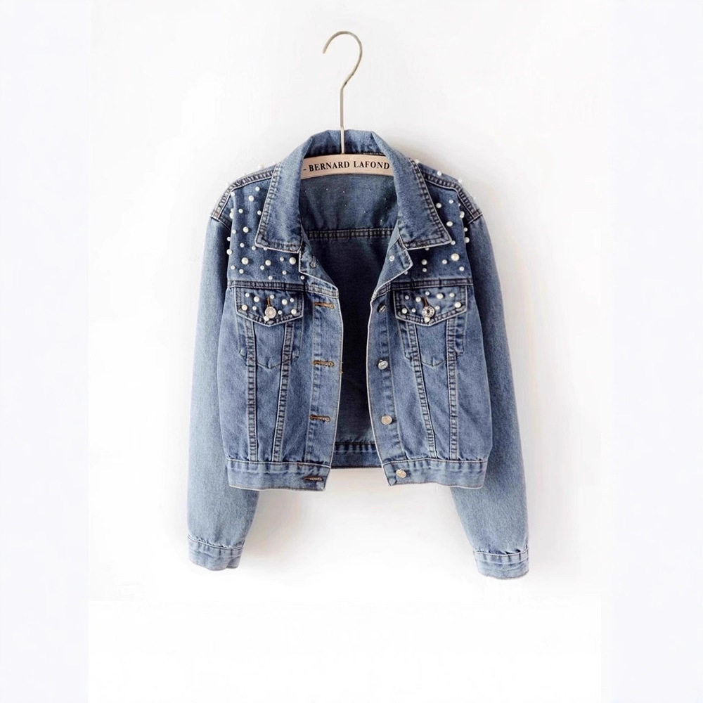 Nail bead denim jacket女短款牛仔外套钉珠珍珠春秋新款牛仔衣