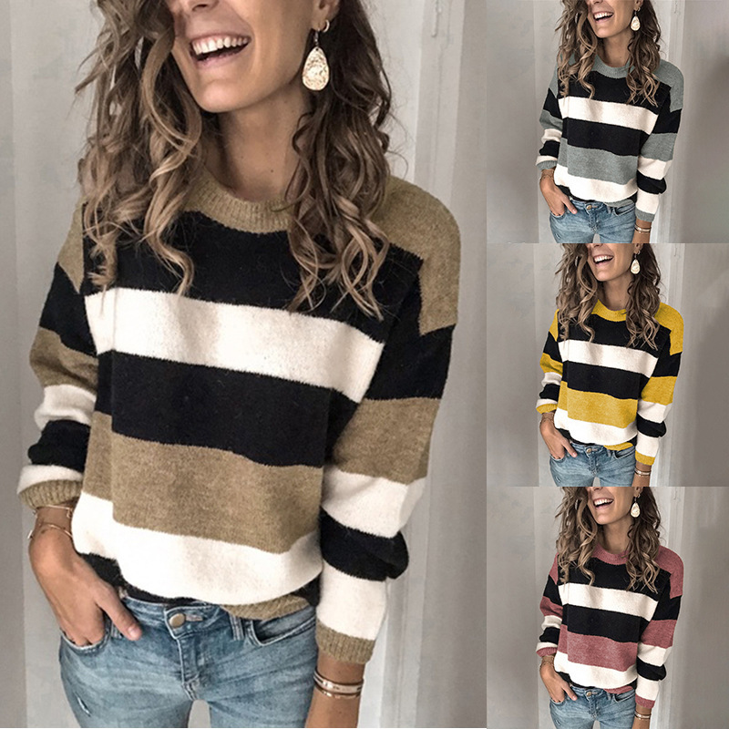 Large size women's striped loose knit sweater女装条纹针织衫