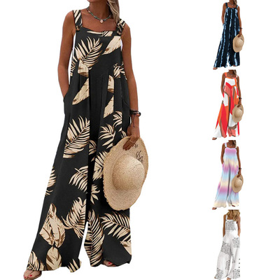 Women vacation style summer printed loose suspender jumpsuit