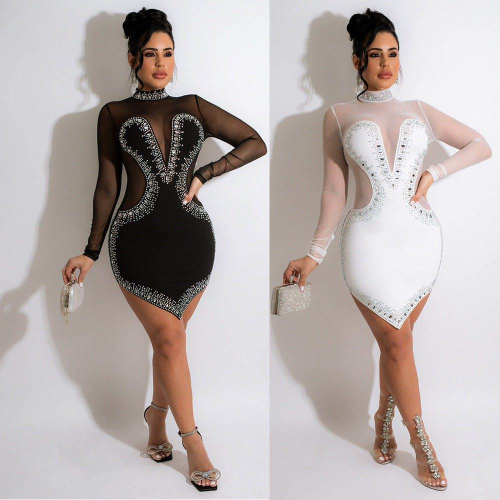 Women's rhinestone long sleeved irregular dress不规则连衣裙