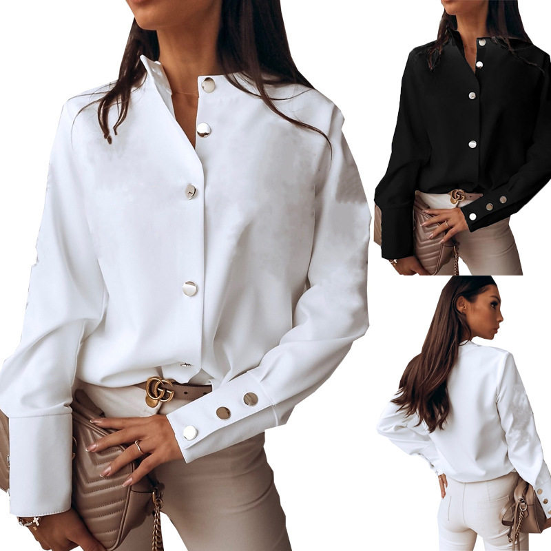 Women's buttoned round neck shirt女衬衫纽扣纯色通勤圆领衬衣