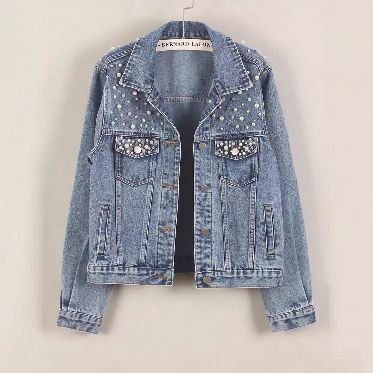 Women's denim jacket欧美女士牛仔外套女钉珠钻石珍珠宽松