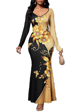 Printed long sleeved V-neck slim fit long skirt evening gown